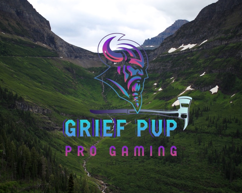 Mountain valley landscape with GriefPvP Pro Gaming logo overlay